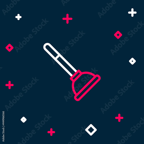 Line Rubber plunger with wooden handle for pipe cleaning icon isolated on blue background. Toilet plunger. Colorful outline concept. Vector