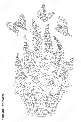 bouquet of fancy flowers in the basket surrounded flying butterf