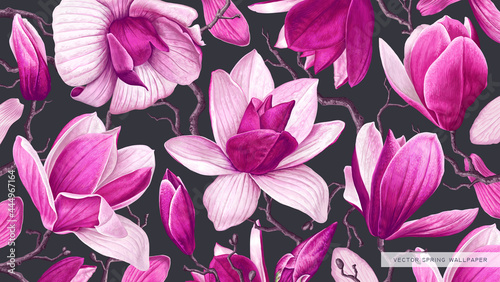 Floral wallpaper, lock screen, screen saver on your computer, laptop or tablet. Background template for covers in social networks and personal blogs. Advertising banner. Realistic vector pink magnolia