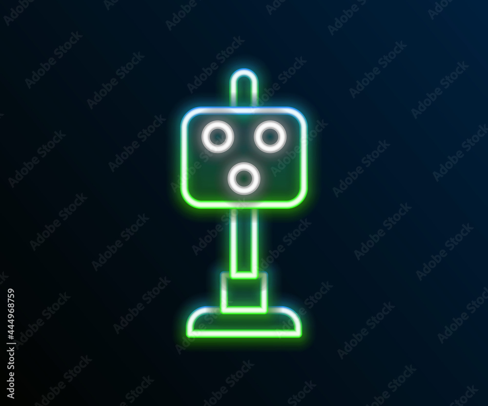 Glowing neon line Train traffic light icon isolated on black background. Traffic lights for the railway to regulate the movement of trains. Colorful outline concept. Vector