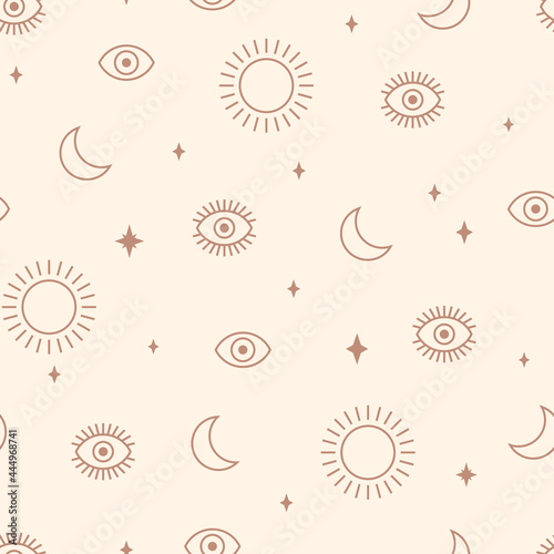 Seamless mystical pattern with eyes. Vector illustration. Trendy texture for print, textile, packaging. Abstract background. Line art