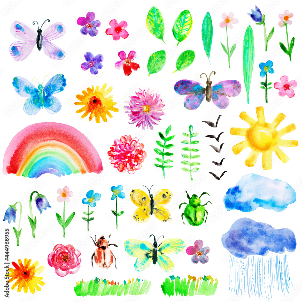 Set of colourful bright watercolor butterflies, bugs and flowers, sun, rainbow, cloud