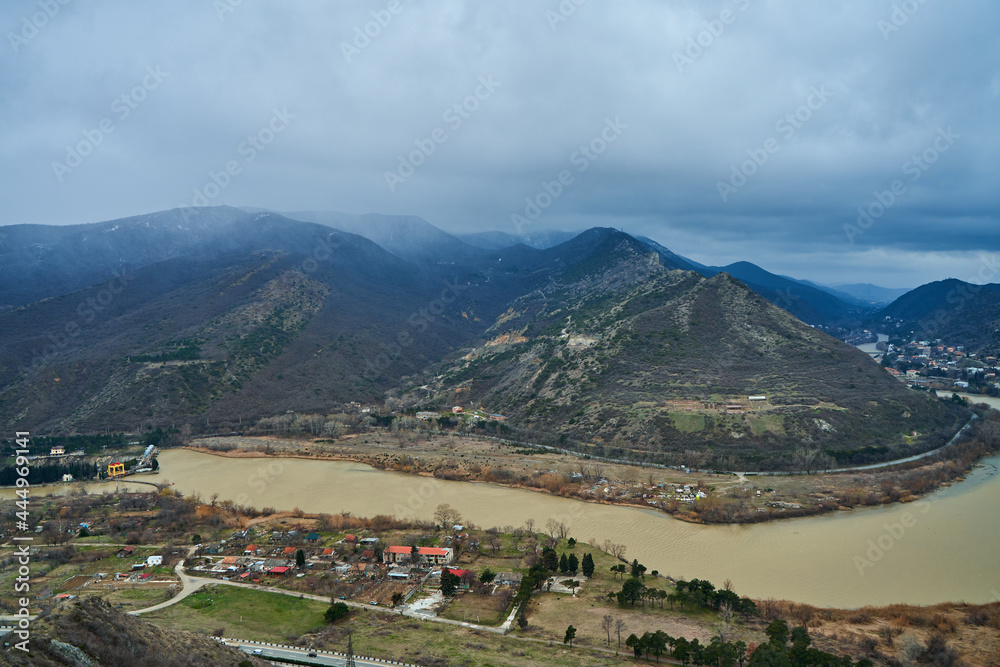 Amazing natural landscape. The confluence of two rivers in the city of Mtskheta in Georgia