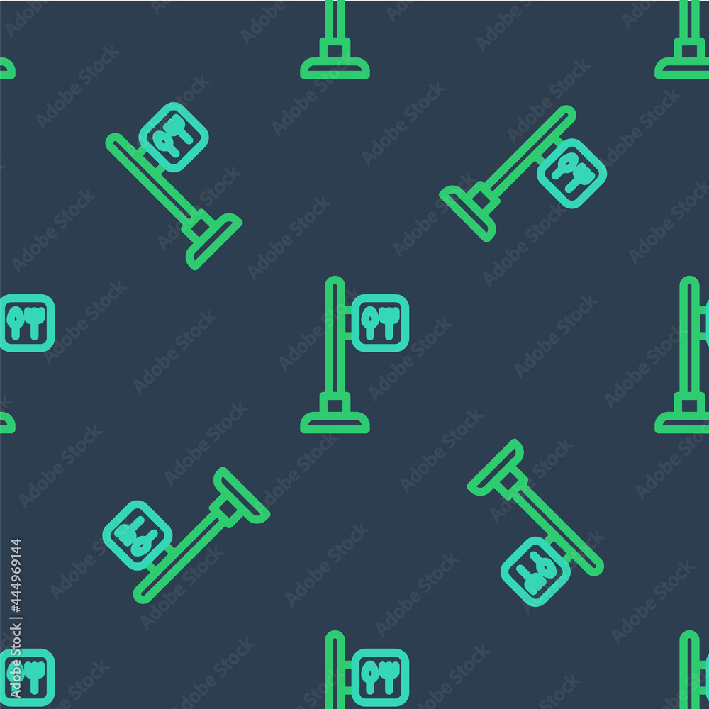 Line Cafe and restaurant location icon isolated seamless pattern on blue background. Fork and spoon eatery sign inside pinpoint. Vector. Line Cafe and restaurant location icon isolated seamless pattern on blue background. Fork and spoon eatery sign inside pinpoint. Vector.
