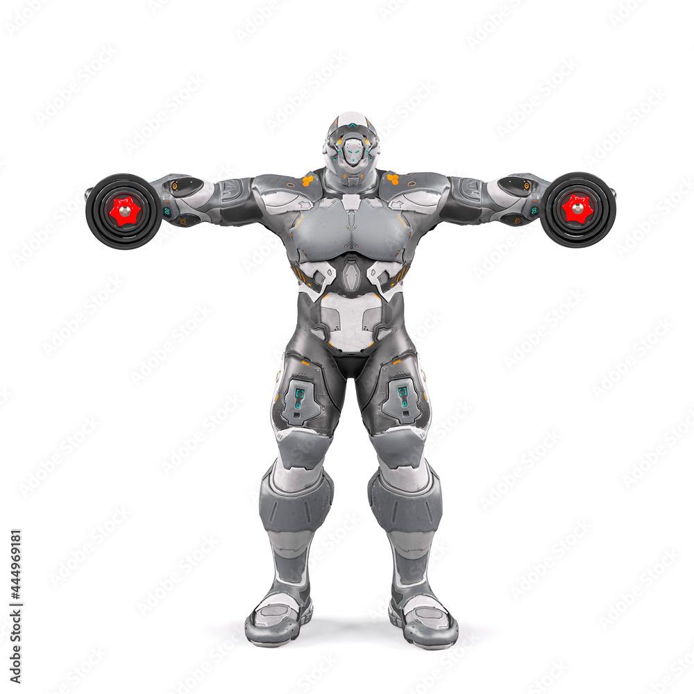 Fototapeta premium future soldier is doing some workout with arms wide open on white background