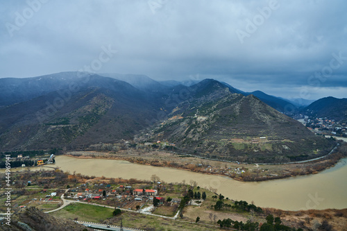 Amazing natural landscape. The confluence of two rivers in the city of Mtskheta in Georgia