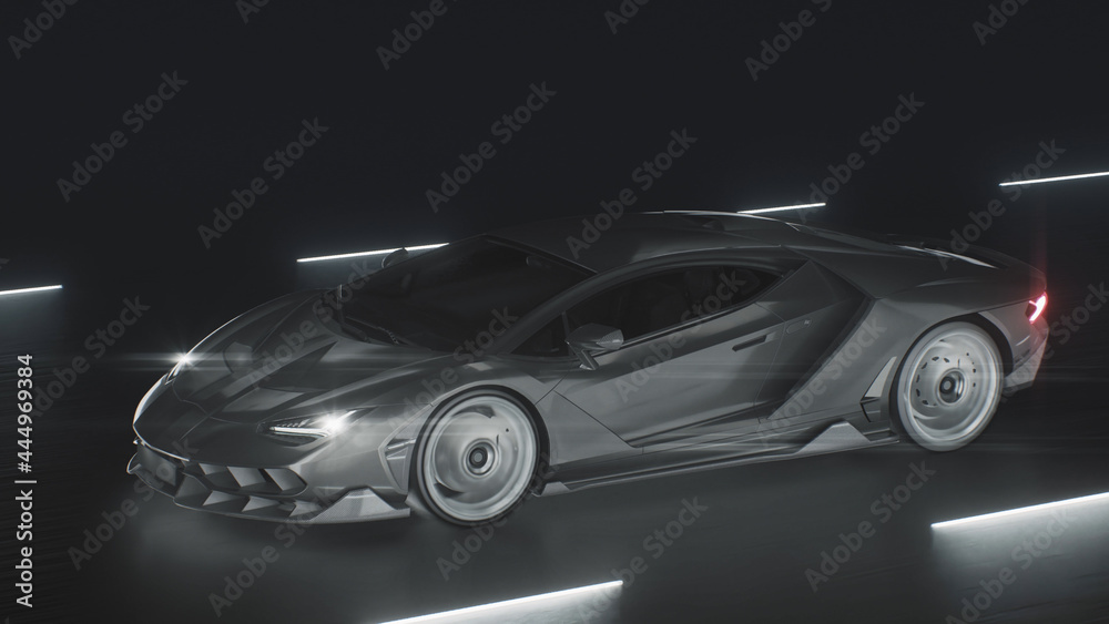 3d render A sports car drives at speed on a road with neon lights