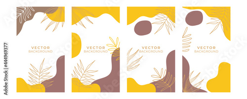 Abstract art background vector. Luxury minimal style wallpaper with golden line art flower and botanical leaves, Organic shapes, Watercolor. Vector background for banner, poster, Web and packaging