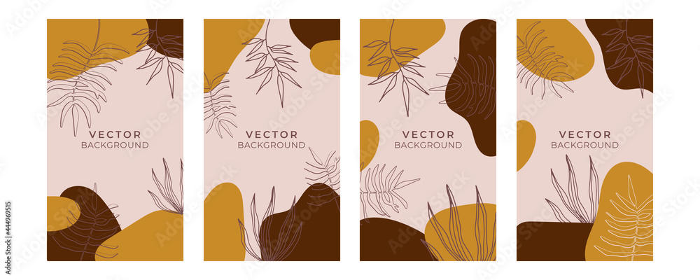 Abstract art background vector. Luxury minimal style wallpaper with golden line art flower and botanical leaves, Organic shapes, Watercolor. Vector background for banner, poster, Web and packaging