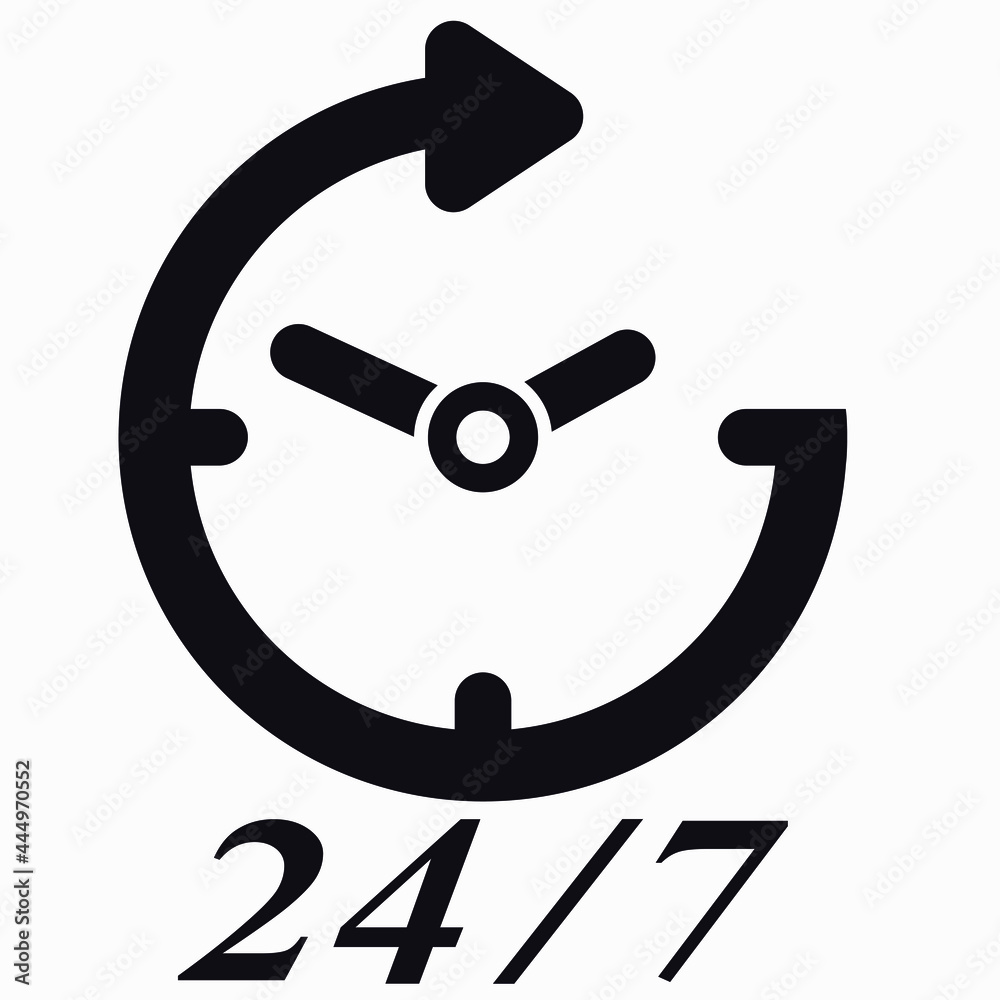Opening hours around the clock. Reception 24 hours a day. Clock and numerals 24 and 7. Vector icon. Opening hours around the clock. Reception 24 hours a day. Clock and numerals 24 and 7. Vector icon.