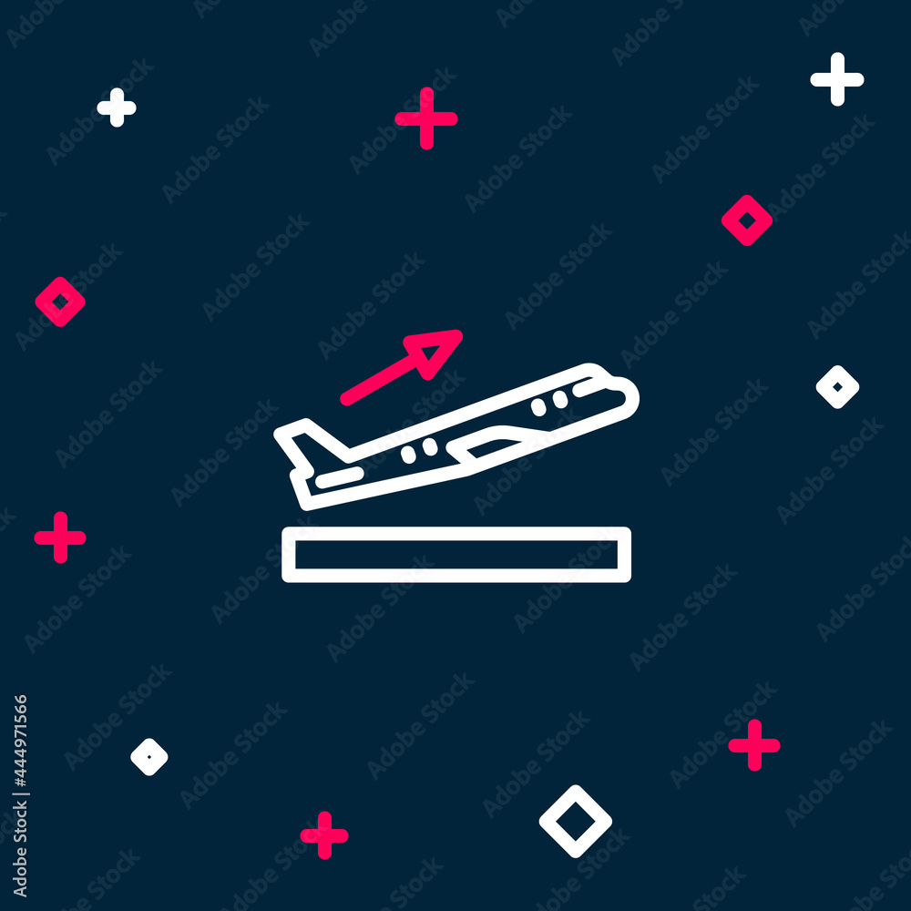 Line Plane takeoff icon isolated on blue background. Airplane transport symbol. Colorful outline concept. Vector