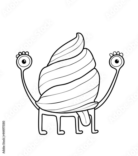 Funny cute snail monster with a shell and tongue sticking, adorable monochrome mollusk imaginary creature character for kids activity coloring book. Black and white outline coloring page.