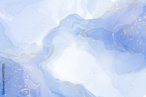 Turquoise and teal blue liquid watercolor background with golden glitter lines. Pastel cyan marble alcohol ink drawing effect with gold foil cracks. Vector illustration of abstract fluid art backdrop