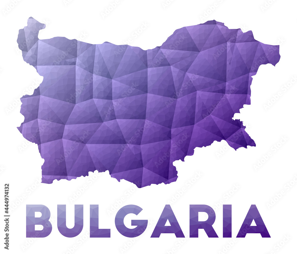 Map of Bulgaria. Low poly illustration of the country. Purple geometric design. Polygonal vector illustration.