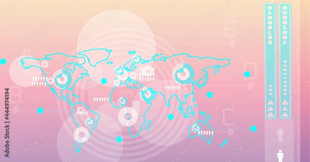 Digital interface with data processing over world map against pink gradient background