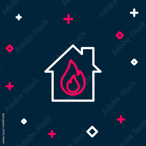 Line Fire in burning house icon isolated on blue background. Colorful outline concept. Vector