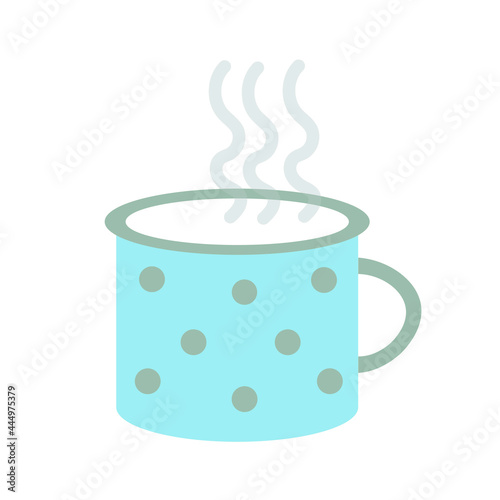 Blue polka dot mug with hot drink,tea or coffee. Cup and diaphanous steam. Simple flat illustration .