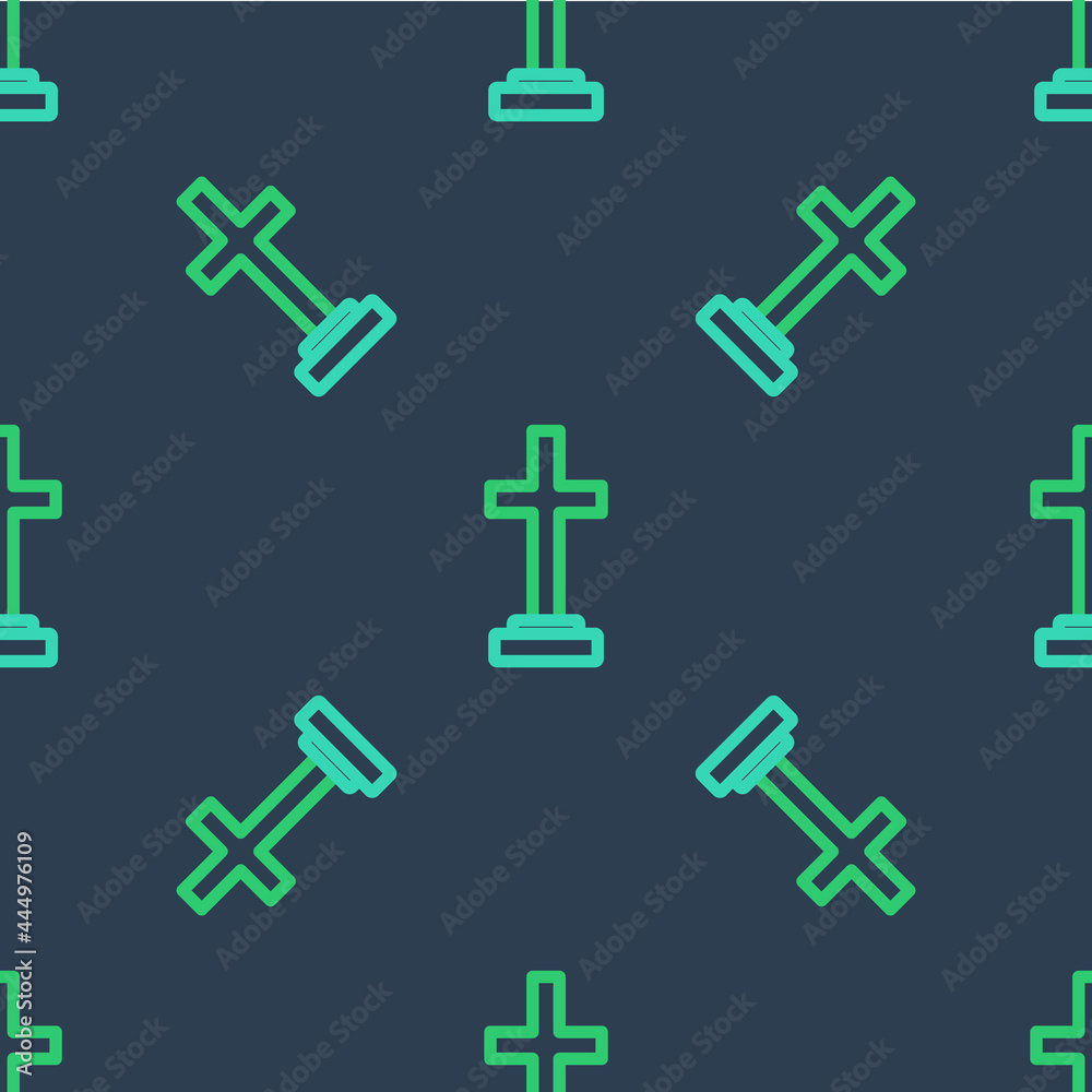 Obraz premium Line Grave with cross icon isolated seamless pattern on blue background. Vector