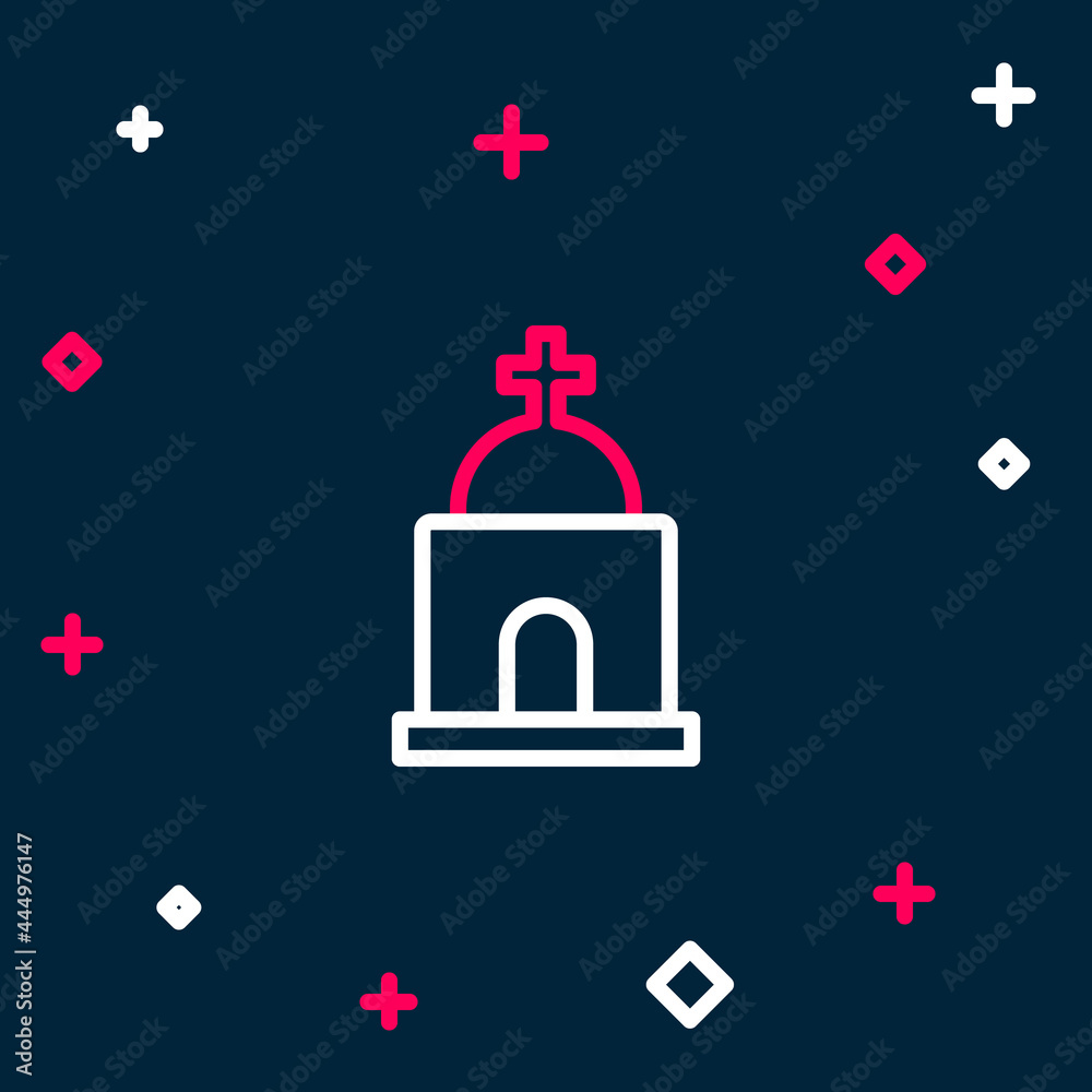 Line Old crypt icon isolated on blue background. Cemetery symbol. Ossuary or crypt for burial of deceased. Colorful outline concept. Vector