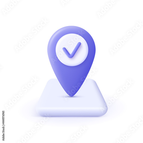 Checkmark icon. Approvement concept. Geolocation map mark, point location. 3d realistic vector illustration.