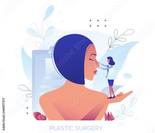 Rhinoplasty, plastic surgery. Doctor improving female face beauty changing nose shape, vector illustration. Nose job.
