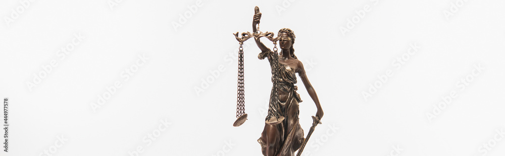 bronze statuette of justice isolated on white, banner bronze statuette of justice isolated on white, banner
