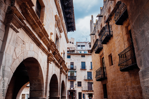 Valderrobres, Spain - July 7, 2021: Plaza España in the rural city and one of the most beautiful villages in Spain.
