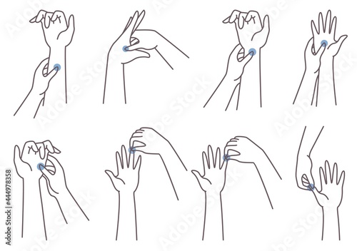 Acupressure hand massage technique. Woman pressing finger, palm, wrist points, vector illustration. Chinese medicine.