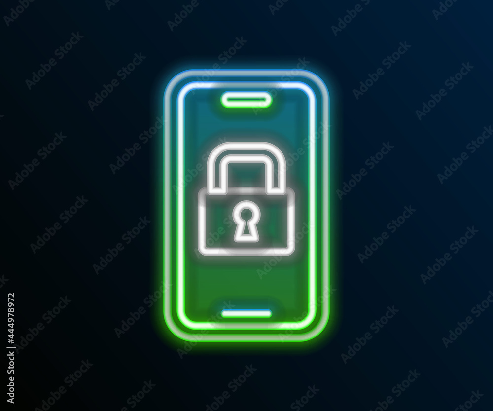 Glowing neon line Digital door lock with wireless technology for lock icon isolated on black background. Door handle sign. Security smart home. Colorful outline concept. Vector