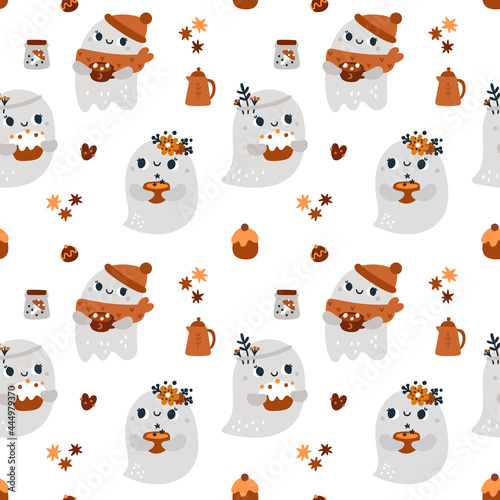 Fototapeta Naklejka Na Ścianę i Meble -  Childish seamless pattern with cute ghosts drinking tea isolated on white background. Celebration party print for kids. Autumn festive texture for textile with cartoon ghost