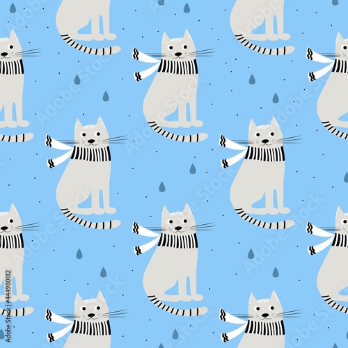 Seamless pattern with funny hand drawn cats. Animals vector illustration with adorable kittens. Tillable background for your fabric, textile design, wrapping paper or wallpaper.