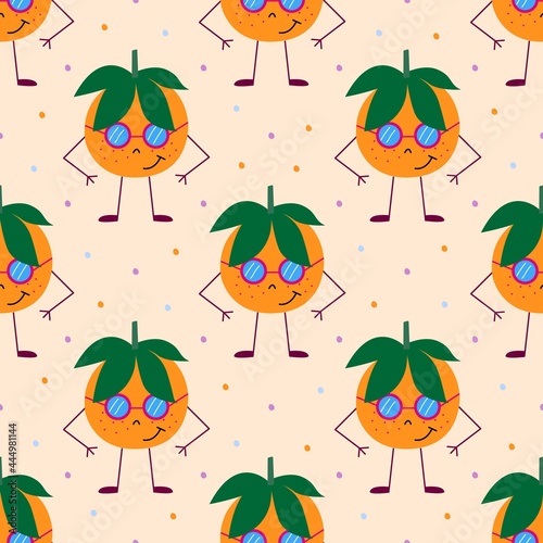 Seamless pattern with orange tangerines and green leaves. Gently orange background with dots. Vector illustration.