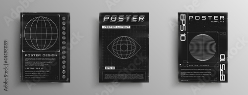 Set of retrofuturistic posters with HUD elements, broken laser grid, wireframe planet, and planet inside eye shape. Black and white retro cyberpunk style poster cover design. Vector