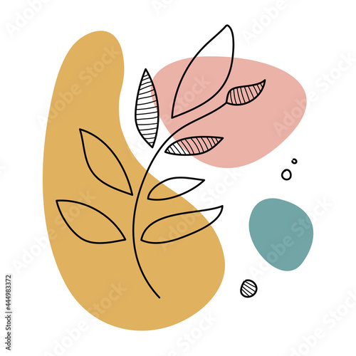 Foliage line art. Simple drawing with leaves and colored spots of pastel colors. Doodle clipart