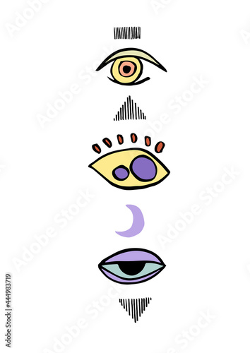 Abstract surreal posters with devilish eyes and natural shapes. Modern abstract composition. Minimal wall art.