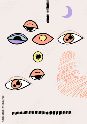 Abstract surreal posters with devilish eyes and natural shapes. Modern abstract composition. Minimal wall art.