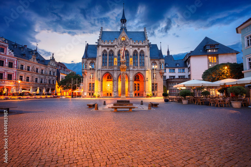 Erfurt, Germany. Cityscape image of old town Erfurt, Thuringia, Germany with the neo-Gothic Town Hall on Fischmarkt square at sunrise. photo
