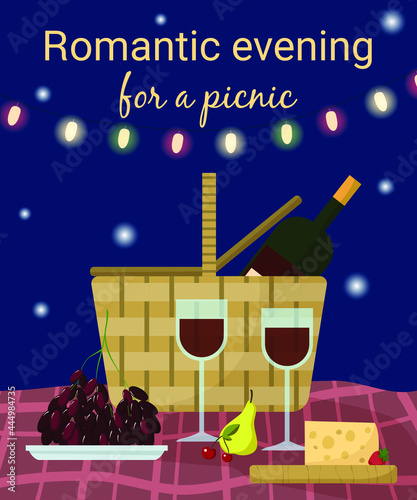 Romantic summer picnic evening. Wine, picnic basket, glasses and fruit. Poster or banner. Vector illustration