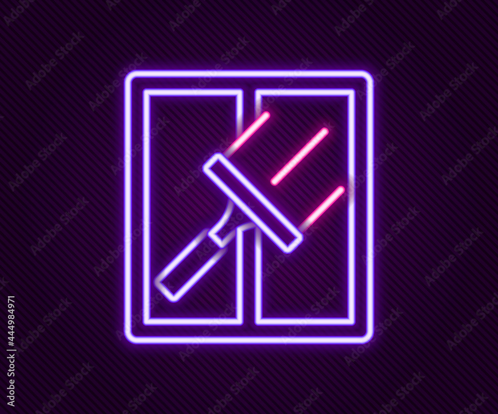 Glowing neon line Cleaning service with of rubber cleaner for windows icon isolated on black background. Squeegee, scraper, wiper. Colorful outline concept. Vector Glowing neon line Cleaning service with of rubber cleaner for windows icon isolated on black background. Squeegee, scraper, wiper. Colorful outline concept. Vector