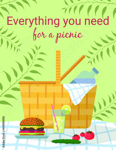 Everything you need for a picnic. Picnic basket, lemonade, hamburger and water bottle. Poster or banner. Vector illustration