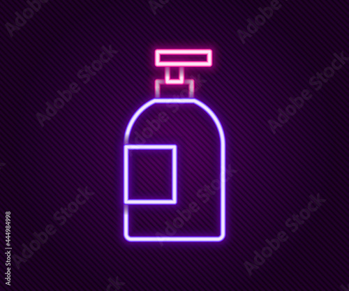 Glowing neon line Dishwashing liquid bottle icon isolated on black background. Liquid detergent for washing dishes. Colorful outline concept. Vector