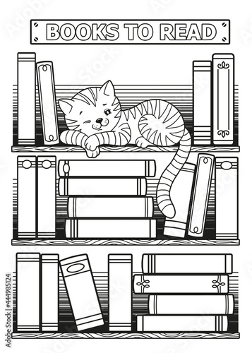 Stylized black and white books. Sleeping cat lying on a shelf among books. Coloring for adult, Printable Bullet Journal Insert Books Tracker