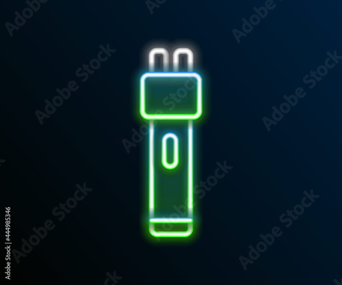 Glowing neon line Police electric shocker icon isolated on black background. Shocker for protection. Taser is an electric weapon. Colorful outline concept. Vector
