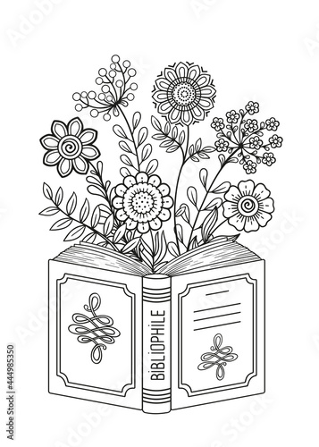 Black and white coloring book page for adult. Opened book. Reading book, imagination concept with doodle flowers