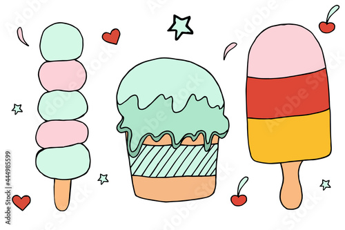Hand drawn vector cute set ice cream. Doodle style. Black outline isolated on white. Design for greeting cards, scrapbooking, textile, wrapping paper, cafe or restaurant menu, food infographic. Good
