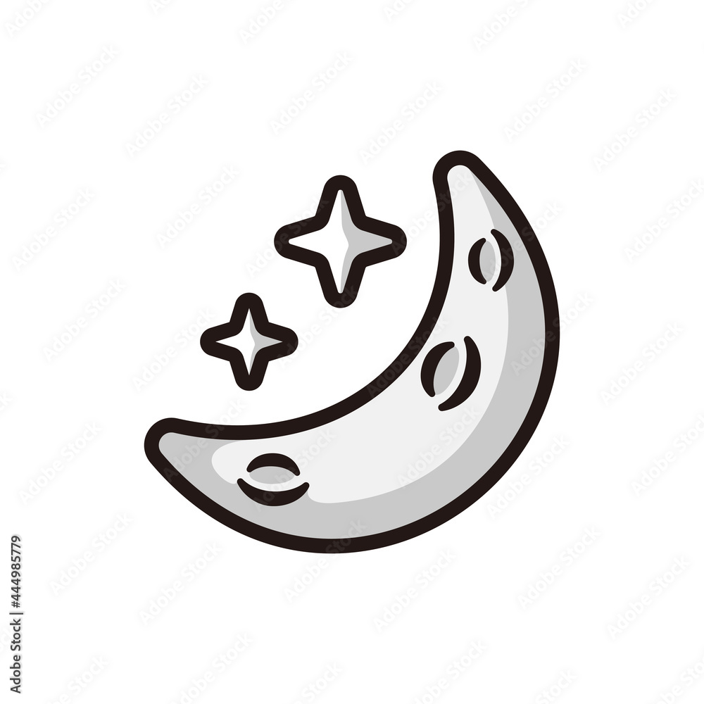 Half moon and two stars fun cartoon illustration black line art with shadow detail vector Half moon and two stars fun cartoon illustration black line art with shadow detail vector