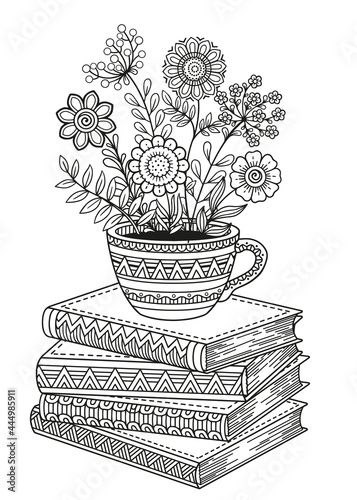 World Book Day. Black and white coloring page for adults. Doodle flowers in cup. Detailed doodle coloring