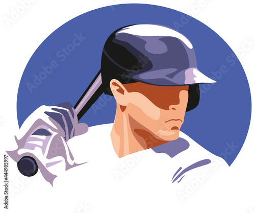 Baseball player on a blue oval background.
