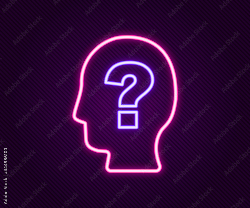 Glowing neon line Human head with question mark icon isolated on black background. Colorful outline concept. Vector Glowing neon line Human head with question mark icon isolated on black background. Colorful outline concept. Vector