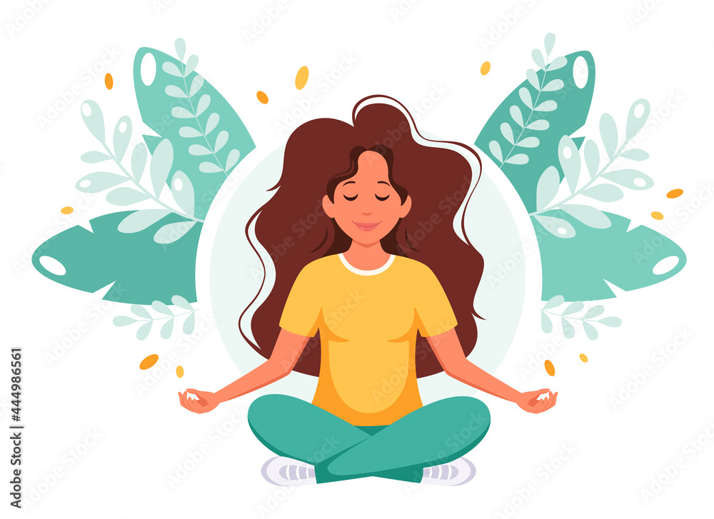 Woman meditating in lotus pose. Healthy lifestyle, yoga, wellbeing, relax. Vector illustration